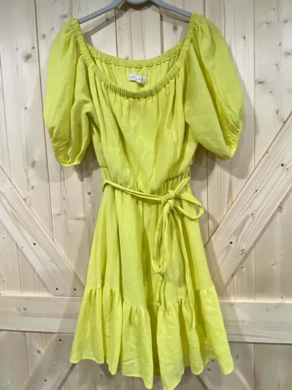 All in Favor Lime Green Off-the-Shoulder Puff Sleeve Tiered Mini Dress with Belt